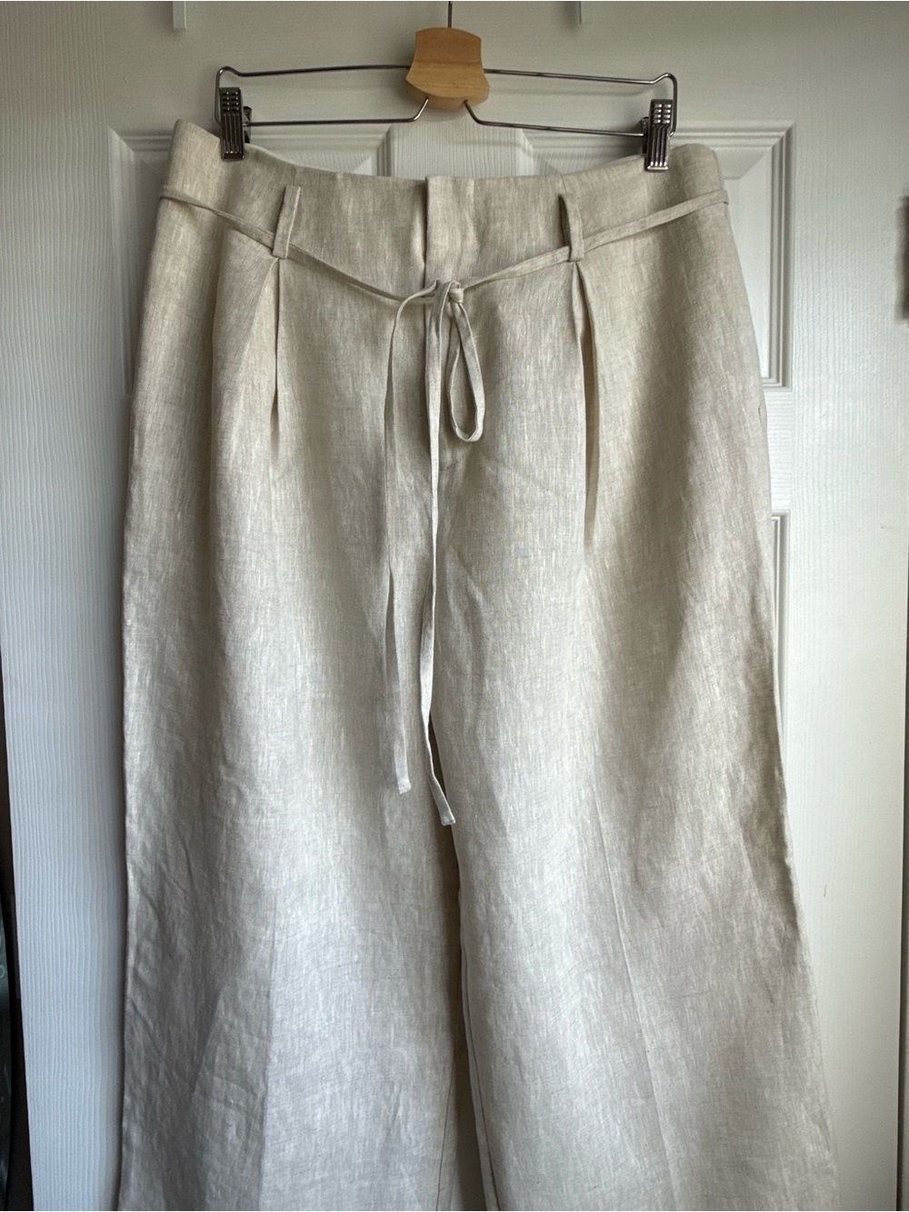 NWT L'Academie Linen Wide Leg Pleated Pants Beige Tie Waist Size L